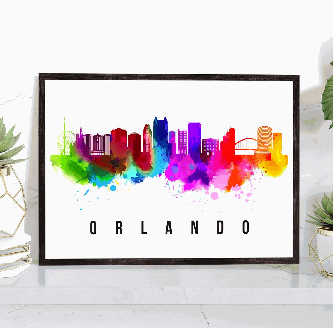 Orlando Florida Rainbow Watercolor Downtown Skyline Travel Poster