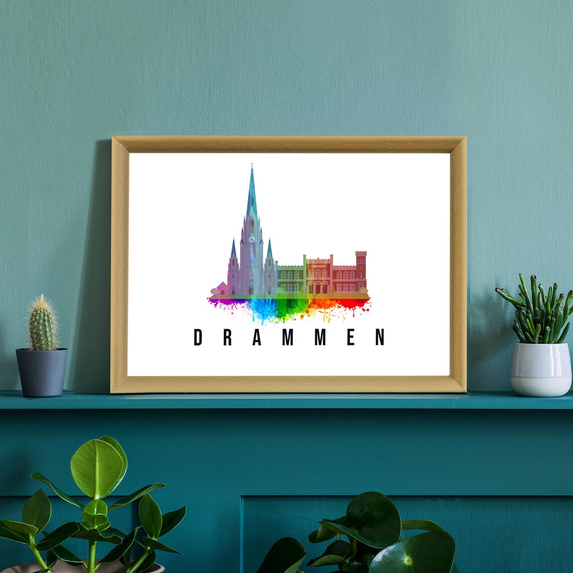 Drammen Norway Tall Spire Church Watercolor Town Skyline Poster - Image 2