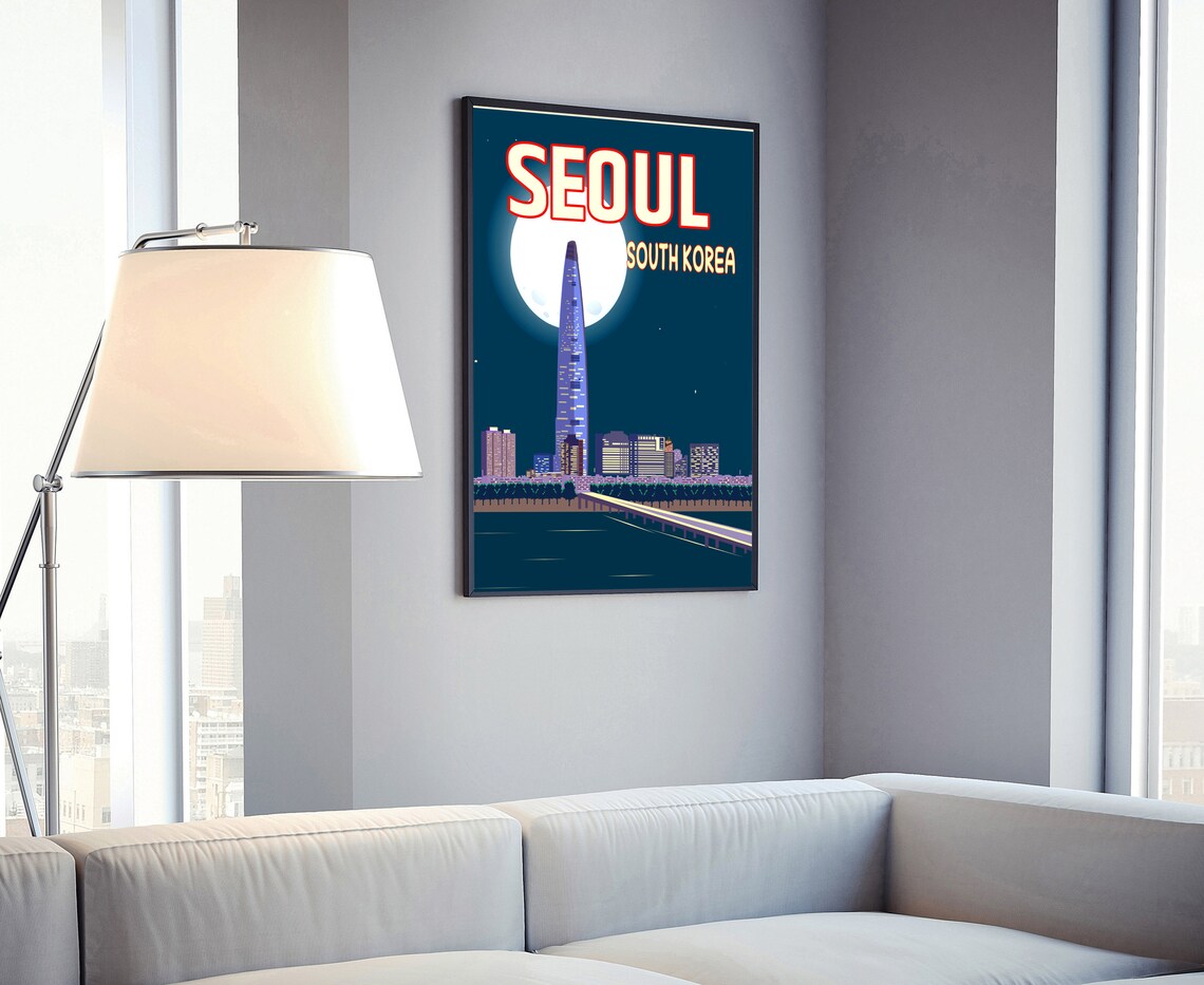 Seoul South Korea Night Skyline Full Moon Cityscape Travel Poster - Image 4