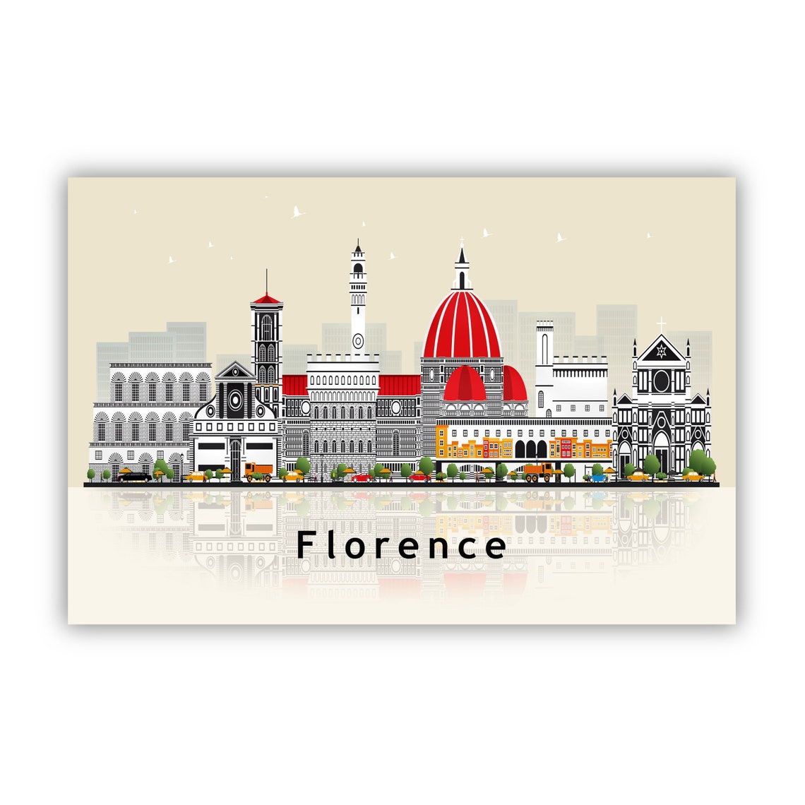 Florence Italy Duomo Red Dome Flat Vector Skyline Travel Poster Print - Image 2
