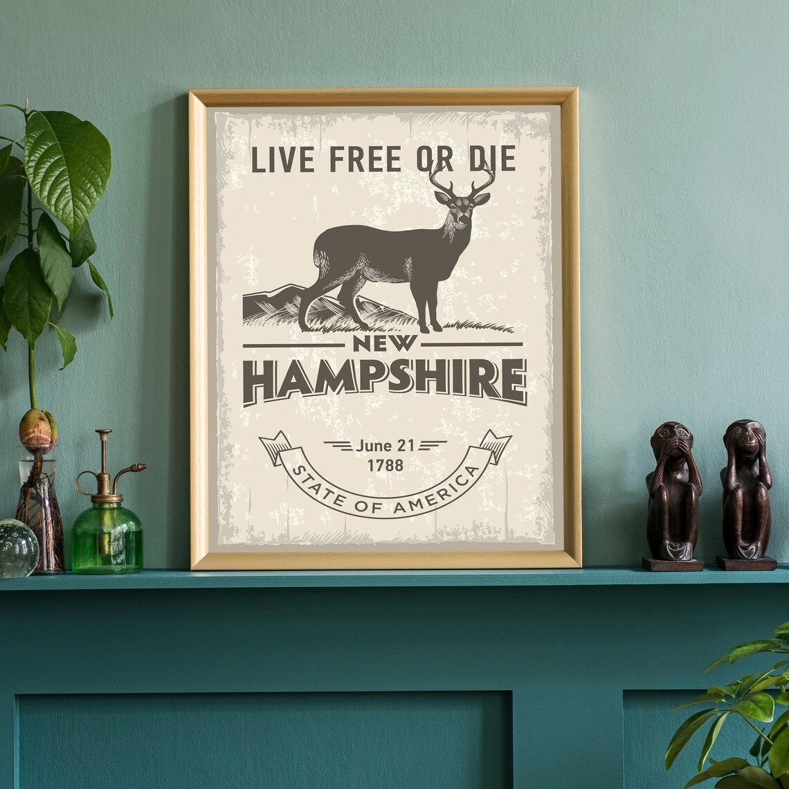 New Hampshire Live Free or Die Vintage Poster with Deer Engraving Art - Image 3