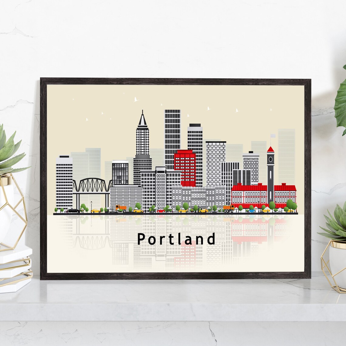 Portland Oregon Pink Watercolor Skyline Floral Illustration Art Poster
