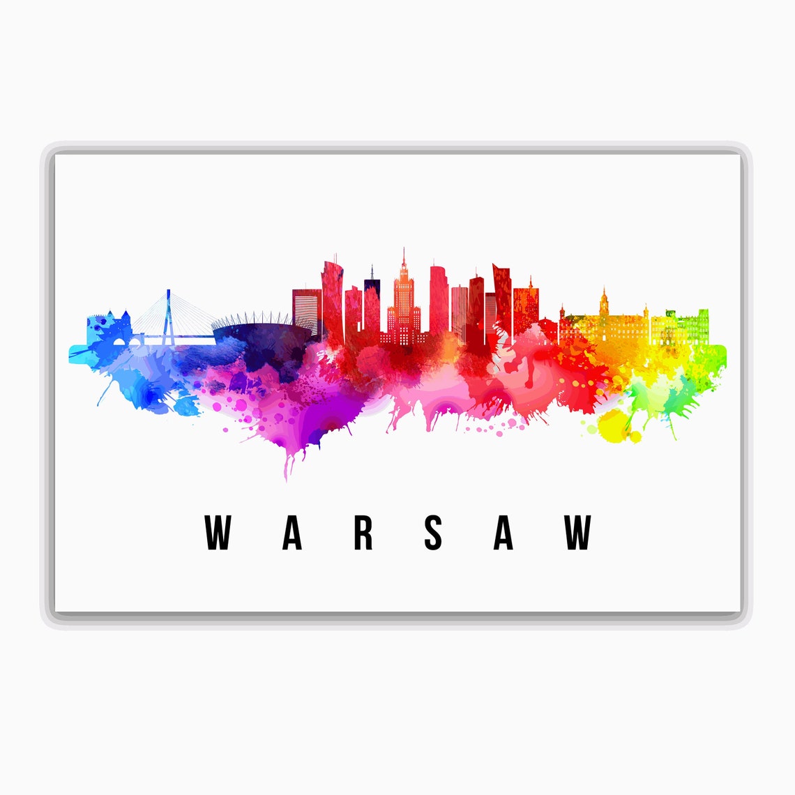 Warsaw Poland Rainbow Watercolor City Skyline Silhouette Art Poster - Image 2