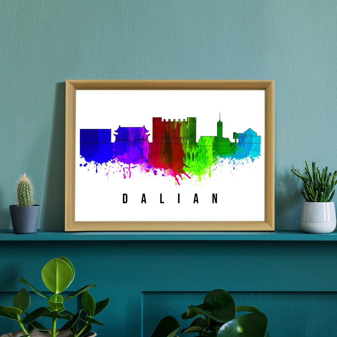 Dalian China Rainbow Watercolor Skyline Palace Towers Art Poster - Image 2
