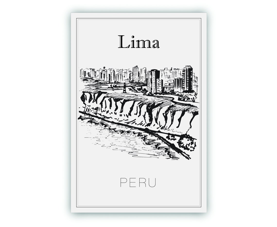 Lima Peru Coastal Cliffs Miraflores Hand Drawn Black Sketch Art Poster - Image 2