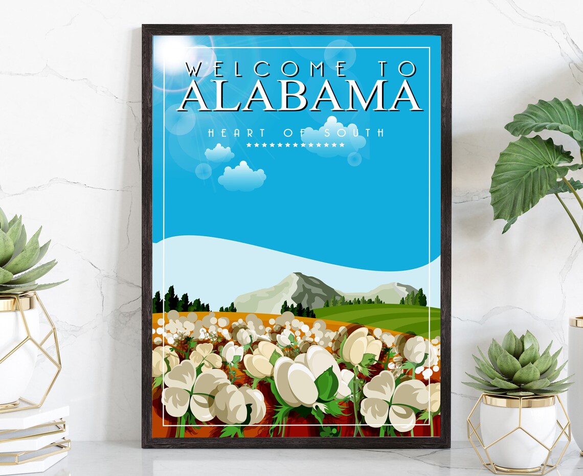 Alabama Heart Of The South Cotton Field Retro Vintage Travel Poster