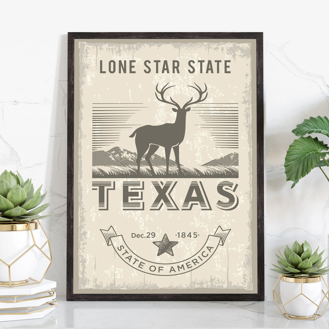 Texas Lone Star State Deer Silhouette Vintage Retro Travel Poster
