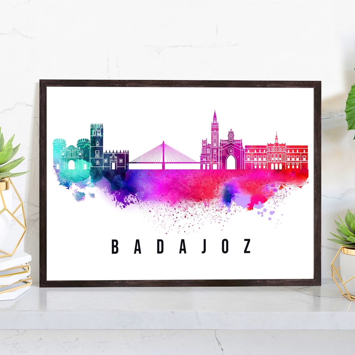 Badajoz Spain Rainbow Watercolor Skyline Cable Bridge Cityscape Poster
