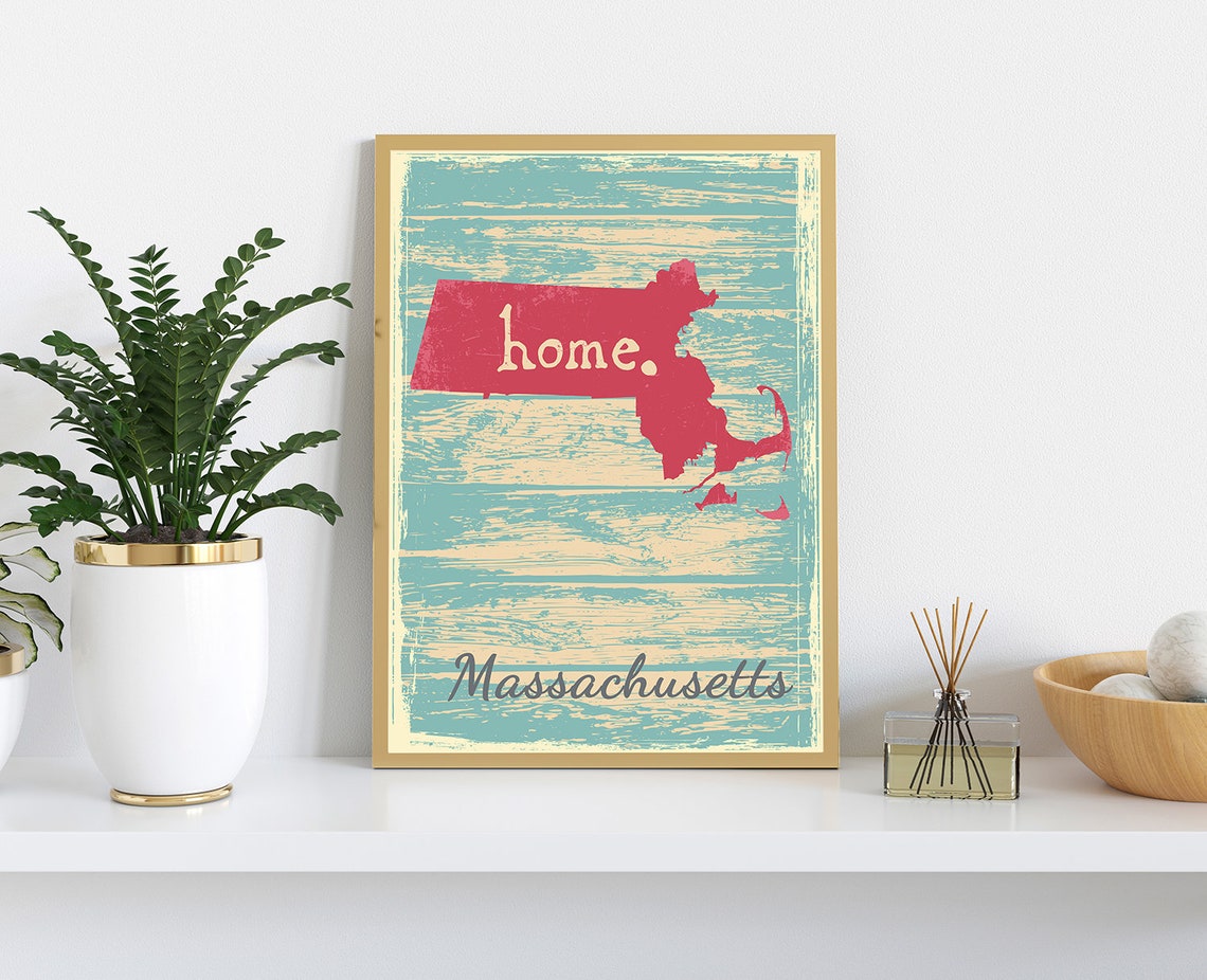 Massachusetts Home Red State Silhouette Retro Teal Map Print Wall Art - Image 3