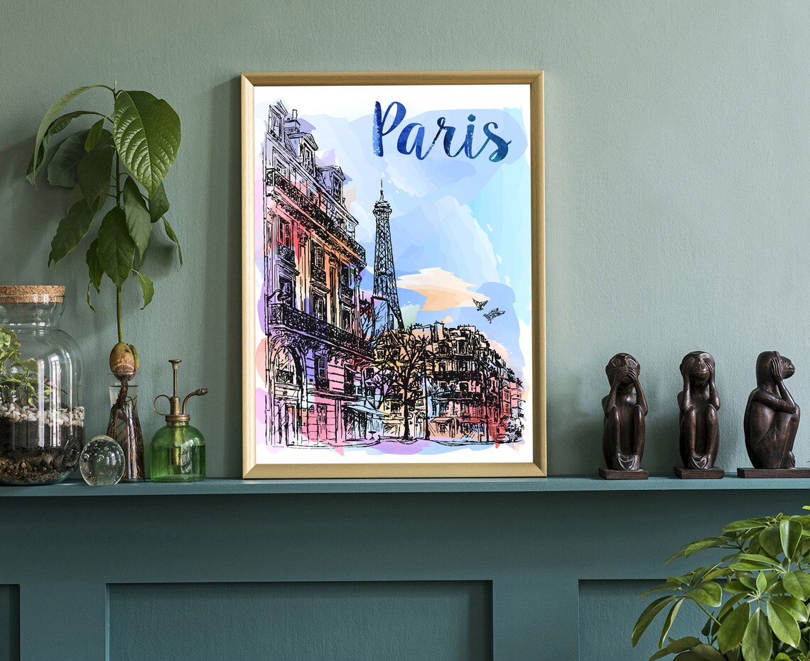 Paris France Eiffel Tower Watercolor Street View Sketch Travel Poster - Image 3