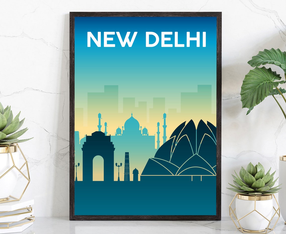 New Delhi India Gate Lotus Temple Blue Gradient Travel Poster