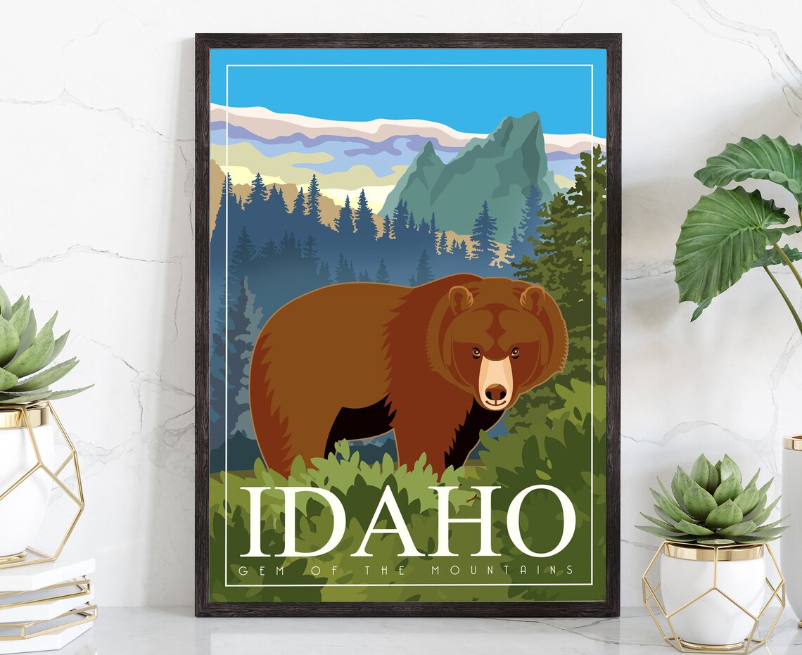 Idaho Brown Bear Forest Mountain Vintage Retro Travel Poster