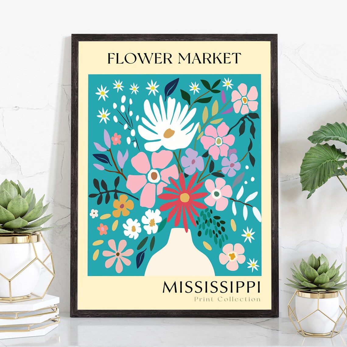 Mississippi Flower Market Teal Vase Bouquet Colorful Botanical Poster