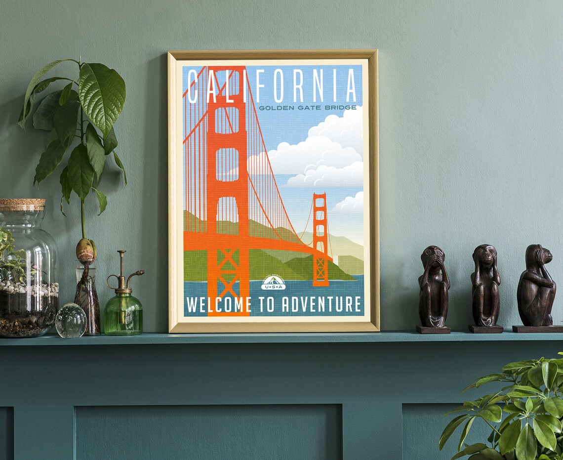 California Golden Gate Bridge Retro Vintage Travel Adventure Poster - Image 3