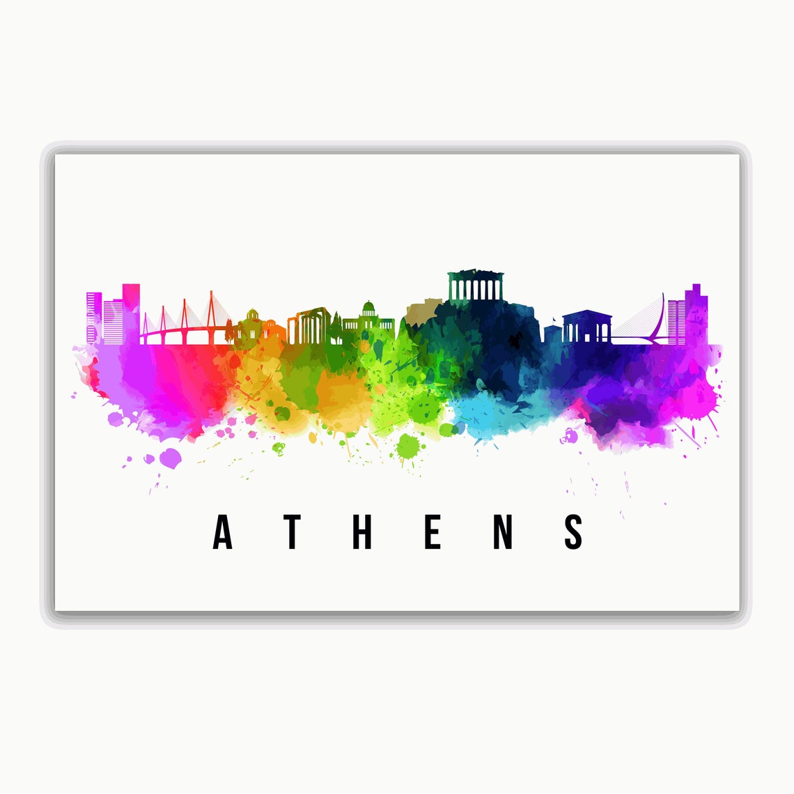 Athens Greece Rainbow Watercolor Acropolis Skyline Silhouette Poster - Image 2