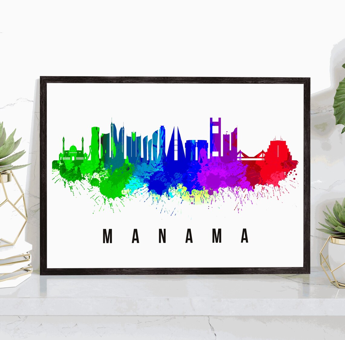 Manama Bahrain Rainbow Watercolor Skyline City Travel Poster