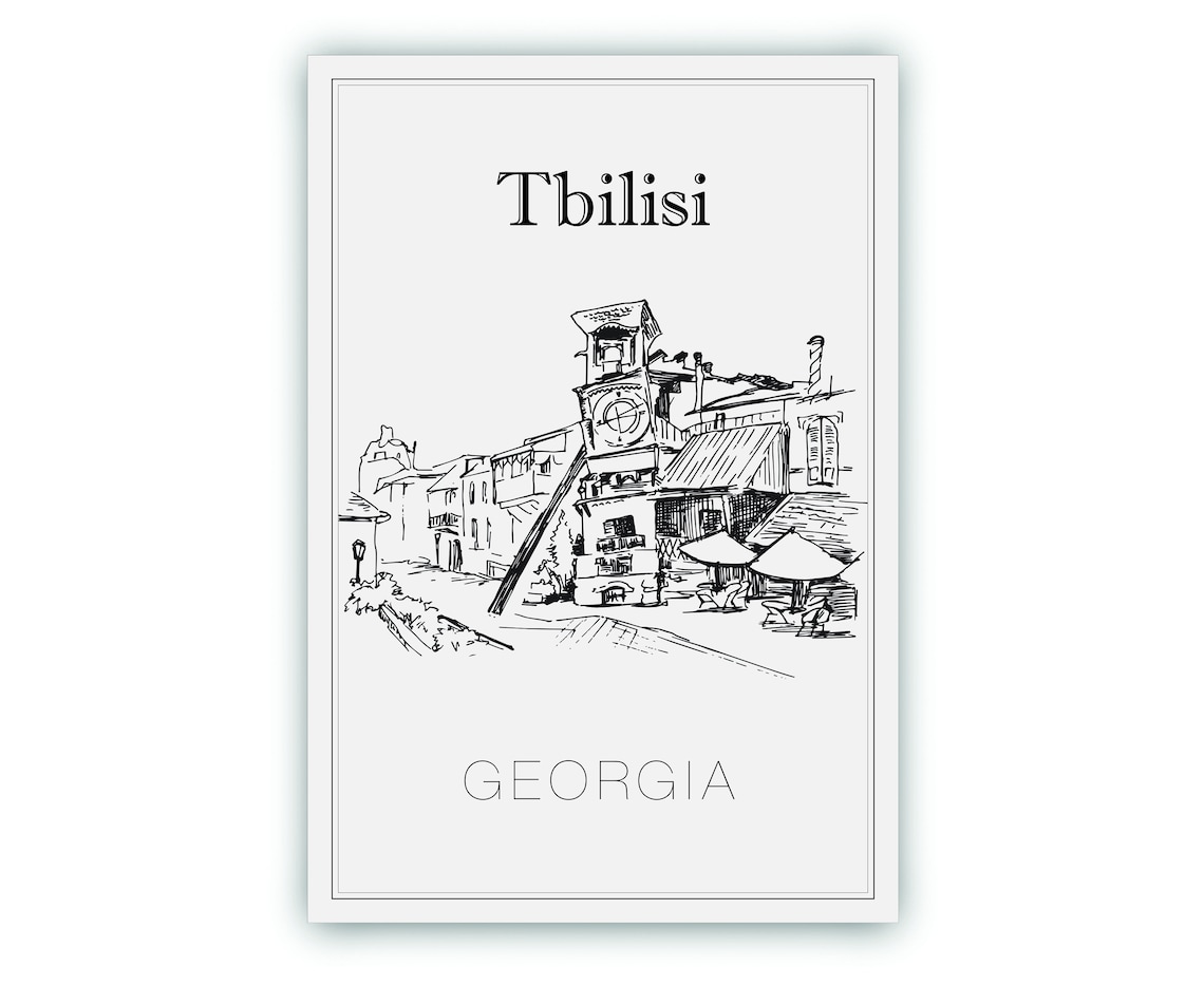 Tbilisi Georgia Clock Tower Old Town Hand Drawn Line Art Travel Poster - Image 2