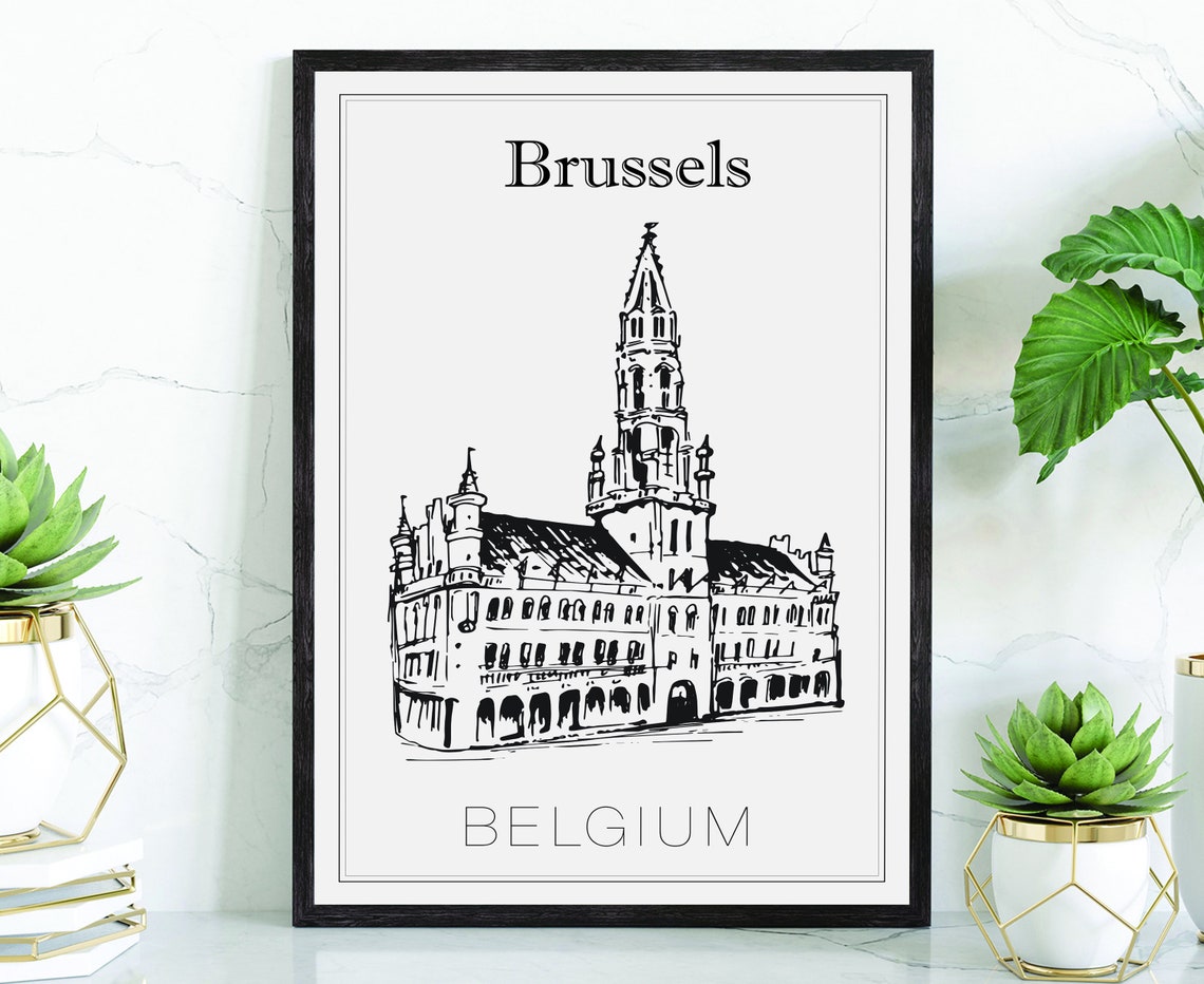 Brussels Belgium Town Hall Grand Place Gothic Tower Sketch Poster