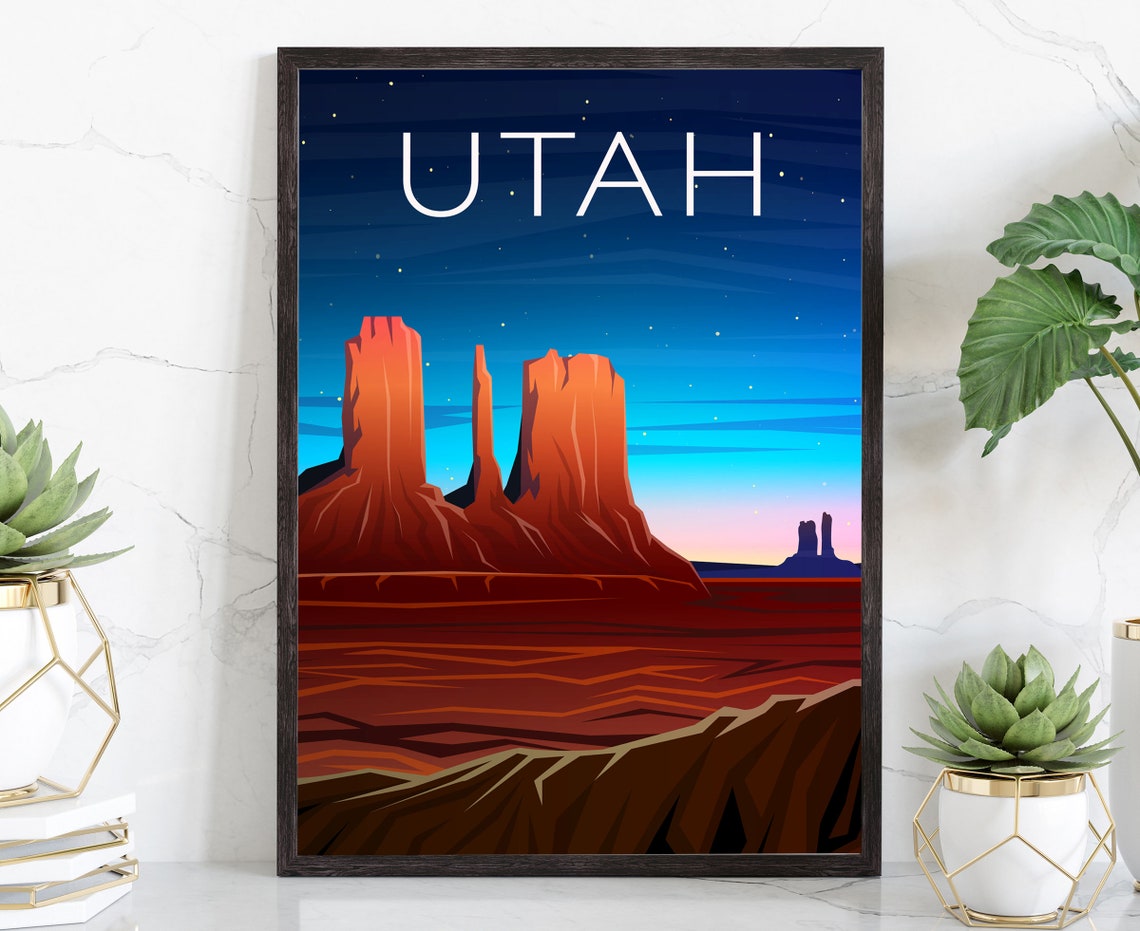Utah Desert Red Rock Mesas Starry Night Sky Travel Poster Art