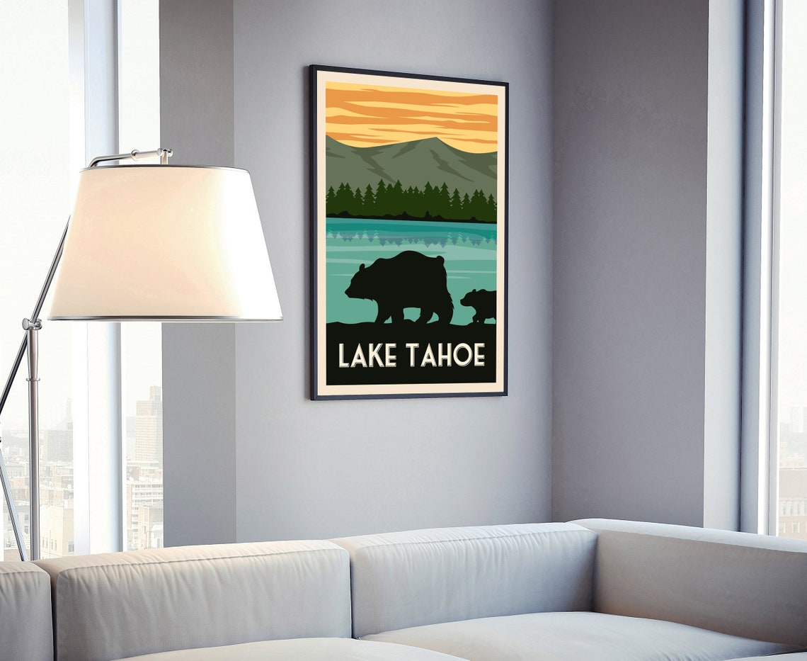 Lake Tahoe Vintage Bear Silhouette Sunset Mountains Travel Poster - Image 4