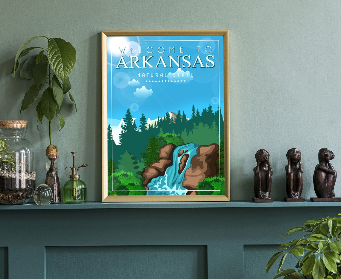Arkansas Natural State Retro Waterfall Pine Forest Travel Poster - Image 3