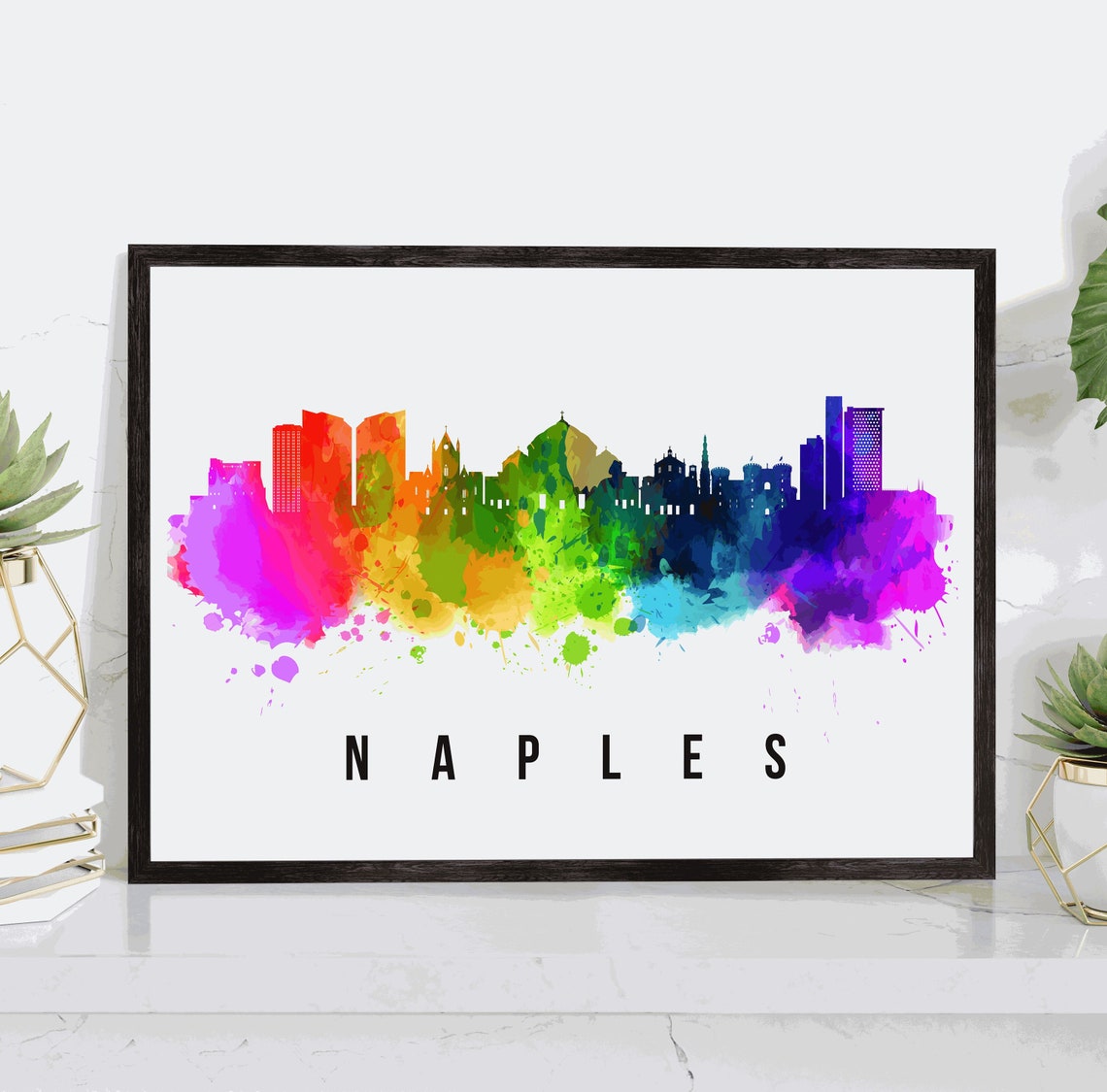 Naples Italy Rainbow Watercolor City Skyline Silhouette Art Poster