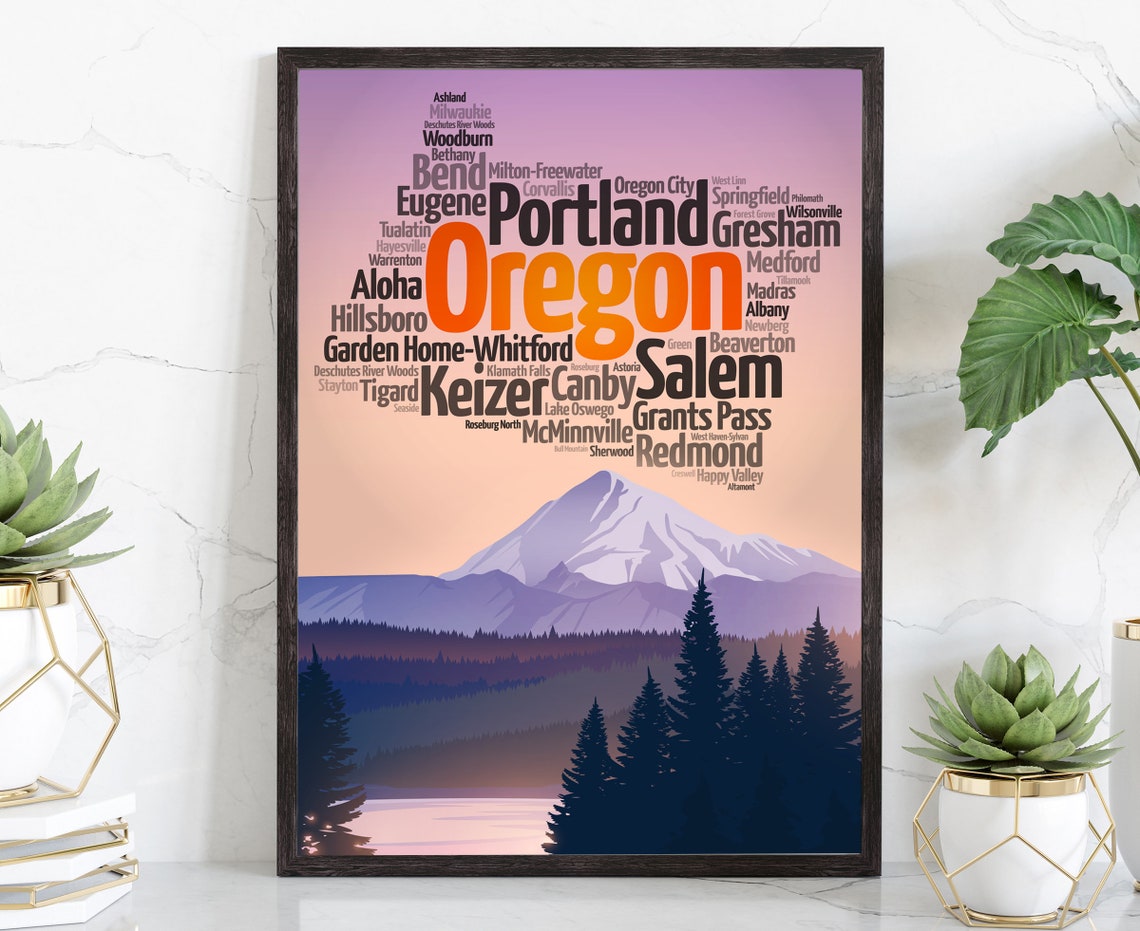 Oregon City Names Typography Sunset Mountain Landscape Travel Poster