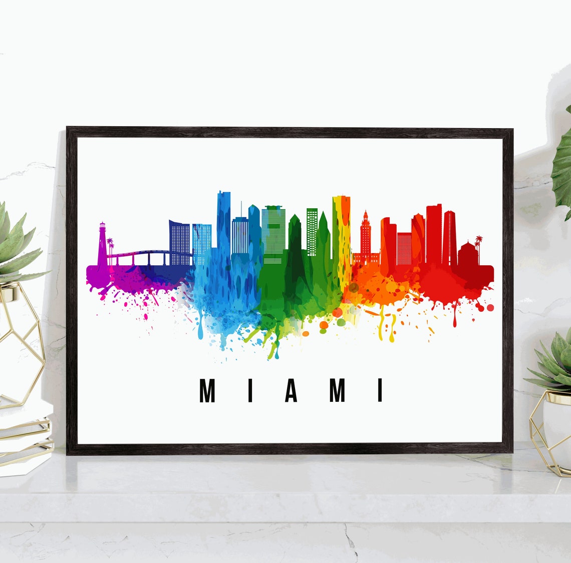 Miami Florida Rainbow Watercolor Skyline Cityscape Modern Wall Poster