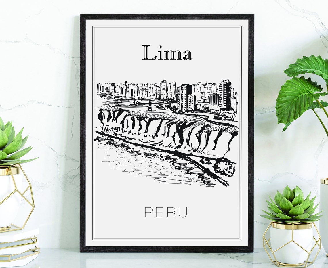 Lima Peru Coastal Cliffs Miraflores Hand Drawn Black Sketch Art Poster