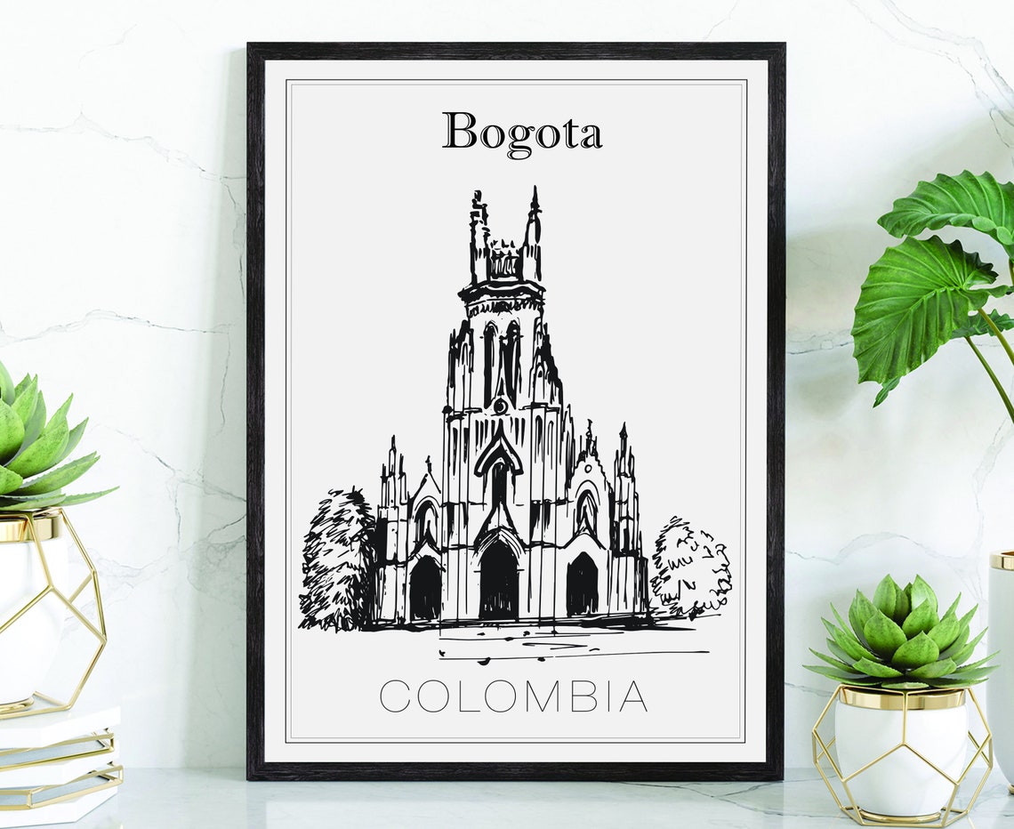 Bogota Colombia Neo Gothic Church Hand Drawn Ink Sketch Travel Poster