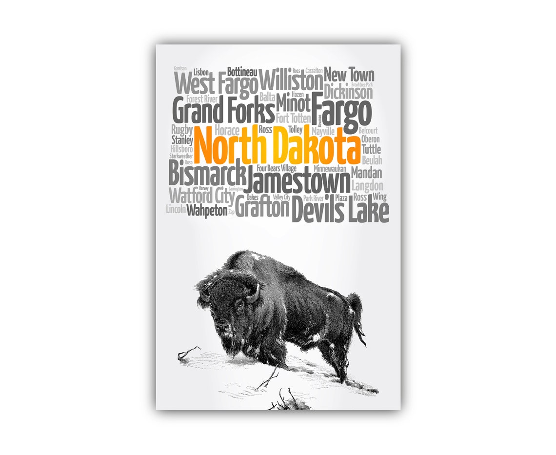 North Dakota State Cities Bison Typographic Map Vintage Travel Poster - Image 2