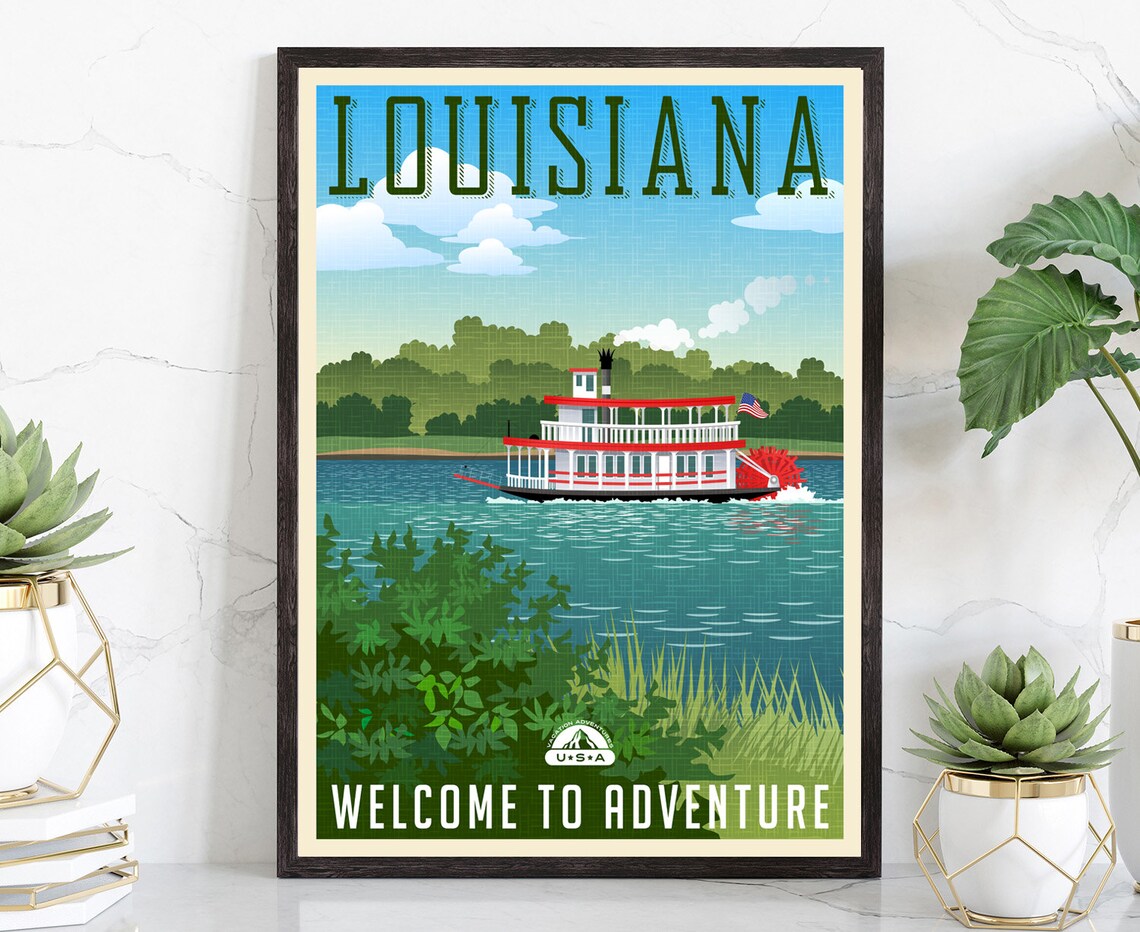 Louisiana Mississippi Riverboat Sternwheeler Retro Travel Poster