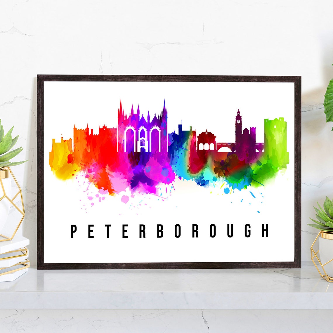 Peterborough England Cathedral Watercolor Skyline City Poster