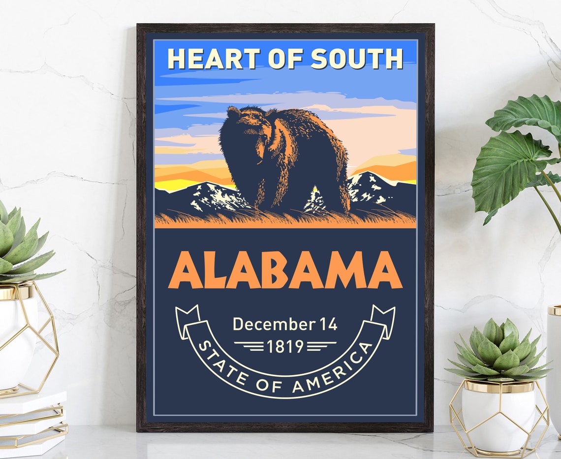 Alabama Heart of South Retro Vintage Bear Sunset Mountain State Poster