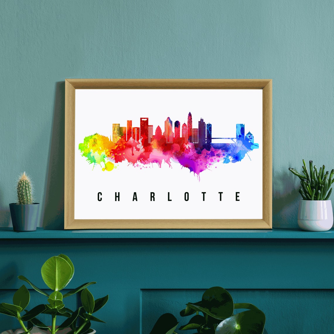 Charlotte North Carolina Rainbow Watercolor City Skyline Poster - Image 3