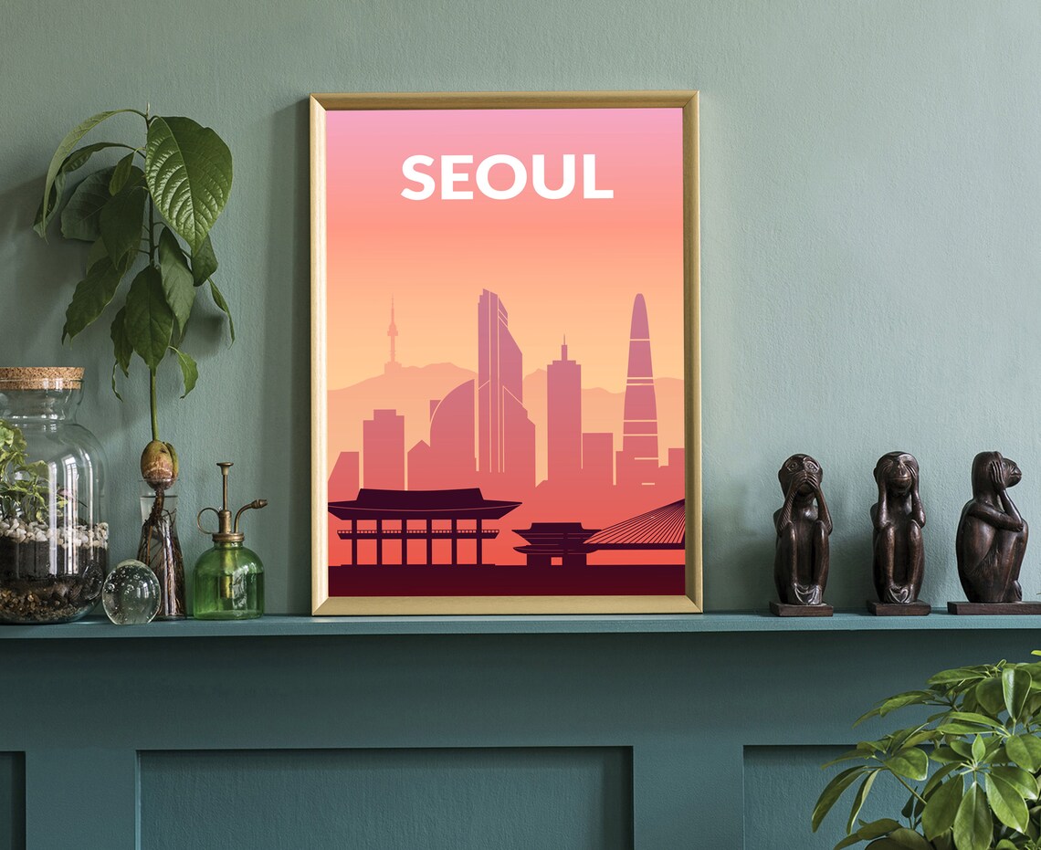 Seoul South Korea Solid Color Sunset Skyline Silhouette Travel Poster - Image 3