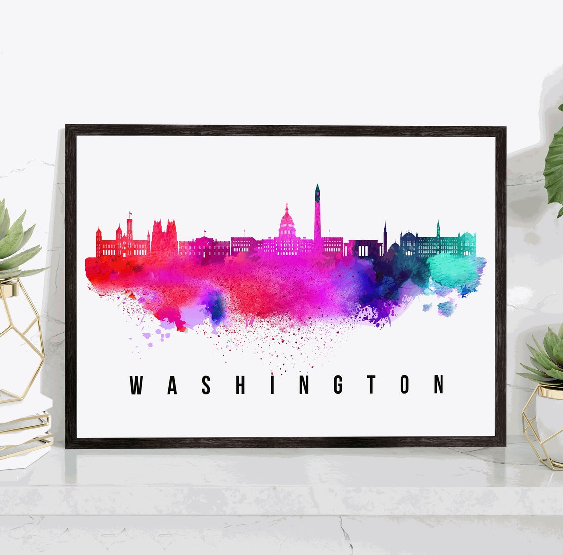 Washington DC Watercolor Capitol Monument Skyline Sunset Glow Poster