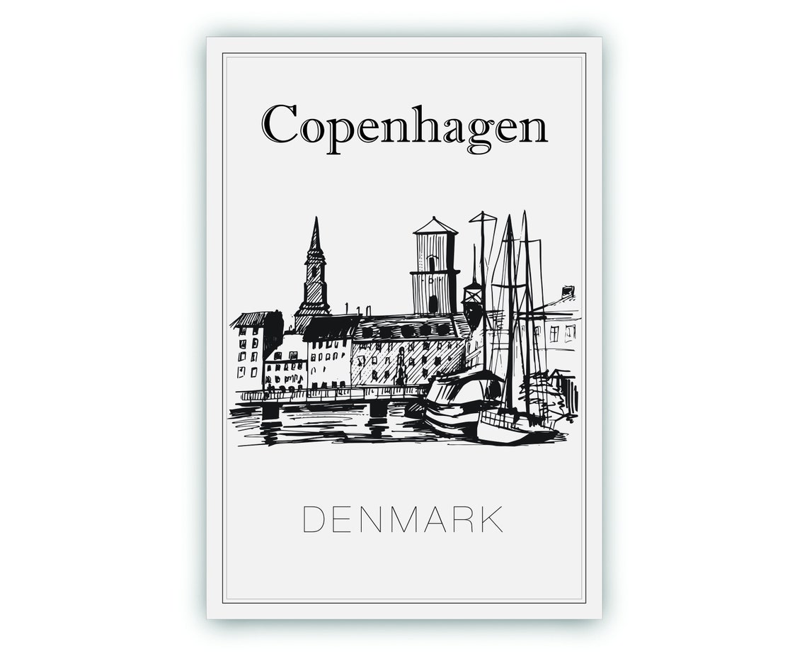 Copenhagen Denmark Hand Drawn Harbor Sketch Black White Line Poster - Image 2