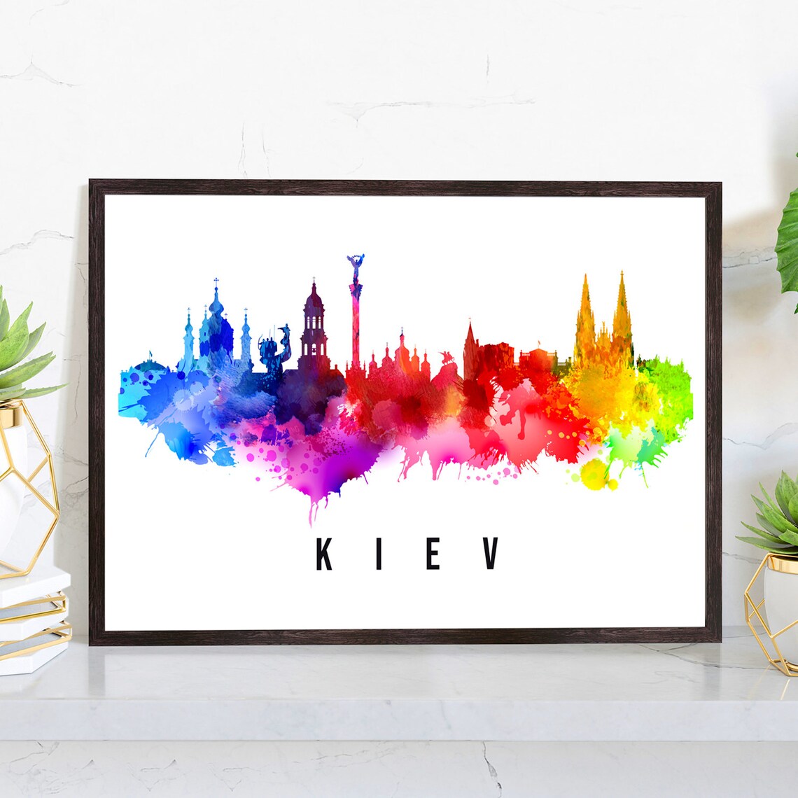 Kiev Ukraine Rainbow Watercolor Skyline Landmark Travel Poster