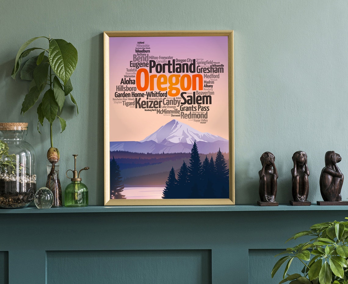 Oregon City Names Typography Sunset Mountain Landscape Travel Poster - Image 3
