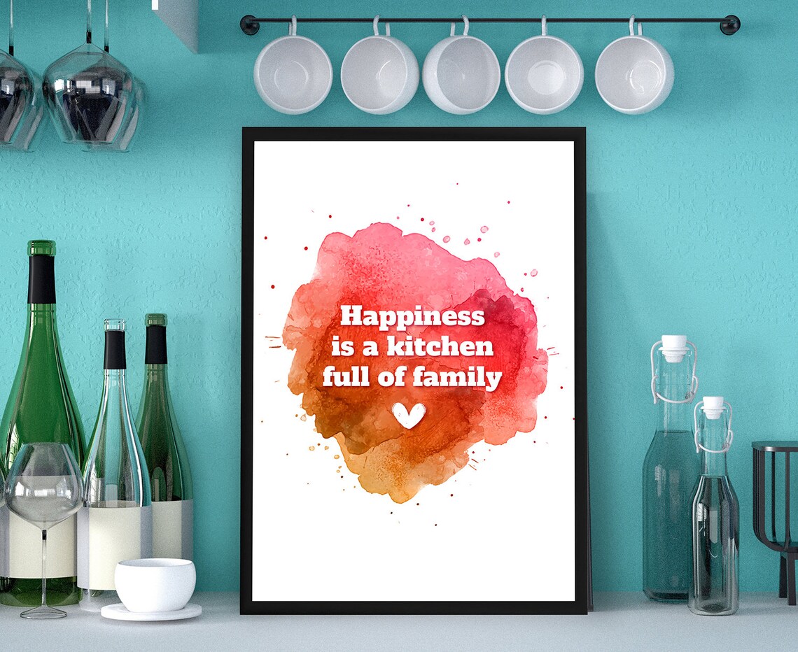 Happiness Is A Kitchen Full Of Family Red Watercolor Quote Poster