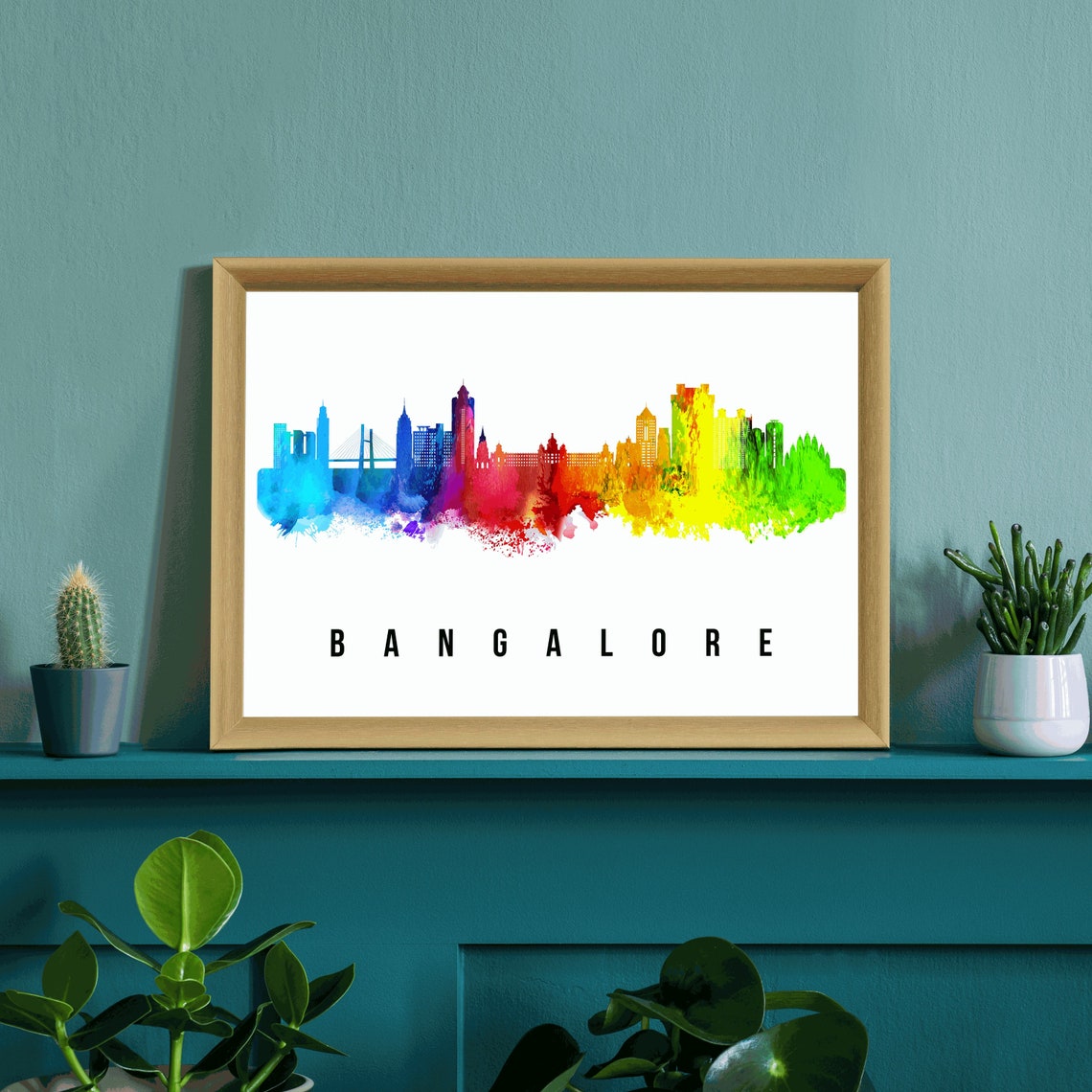 Bangalore India Rainbow Watercolor Splash Skyline City Wall Art - Image 3