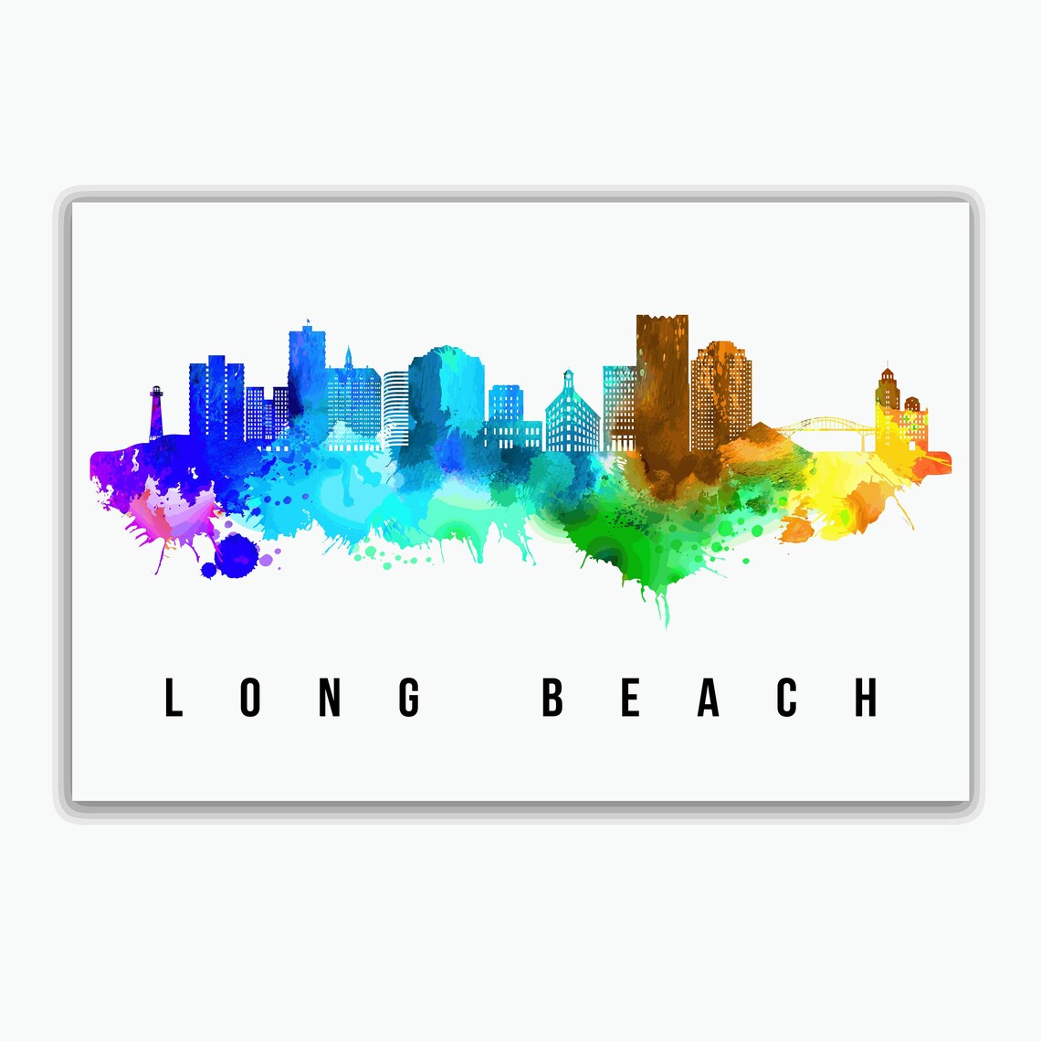 Long Beach California Rainbow Watercolor Skyline Cityscape Art Poster - Image 2