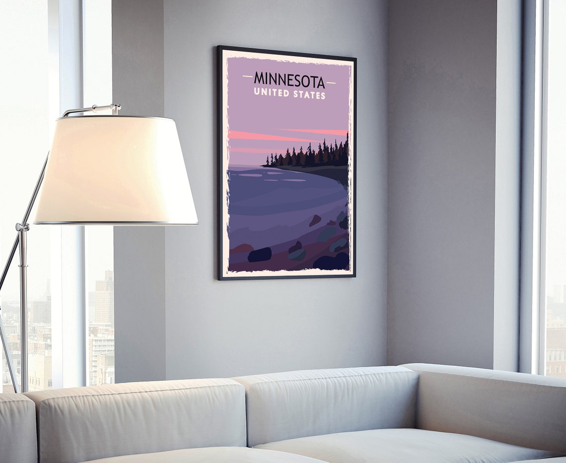 Minnesota Lake Sunset Silhouette Pines Retro Dusk Travel Poster - Image 4