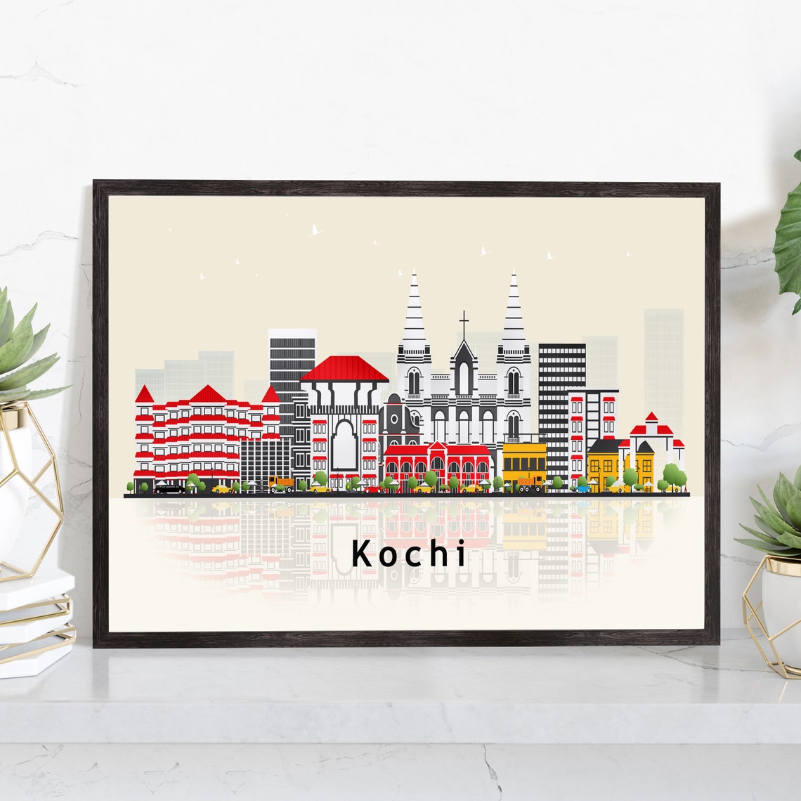 Kochi India Modern Skyline Illustration Landmarks Travel Poster