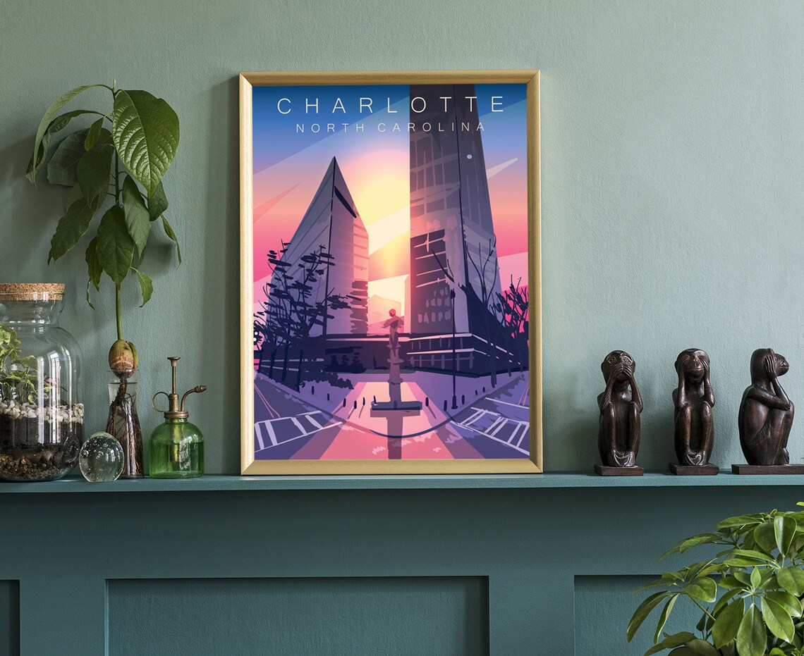 Charlotte North Carolina Downtown Sunset Retro Travel Wall Art Poster - Image 3