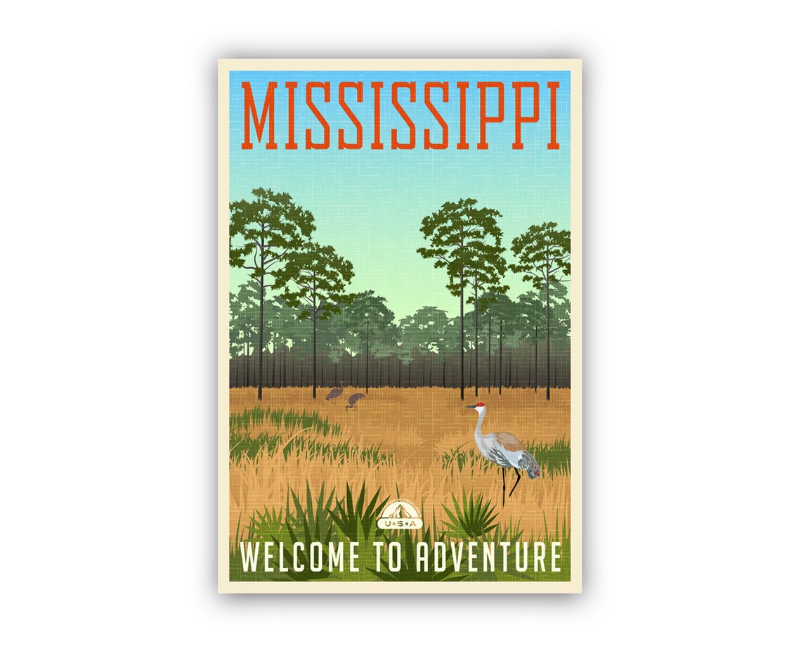 Mississippi Welcome to Adventure Retro Forest Cranes Travel Poster - Image 2