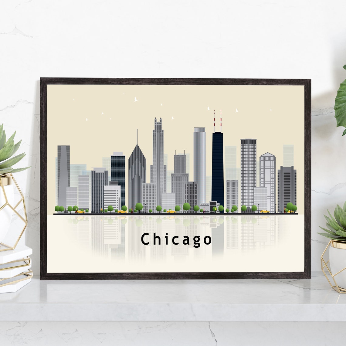 Chicago Illinois Modern Downtown Skyline Reflection Travel Poster