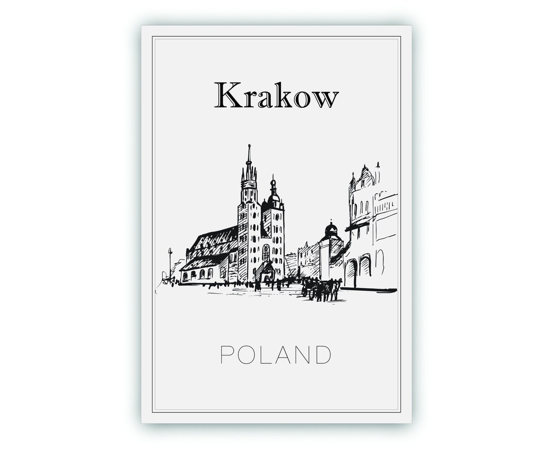 Krakow Poland Main Square Town Hall Tower Hand Drawn Art Poster - Image 2