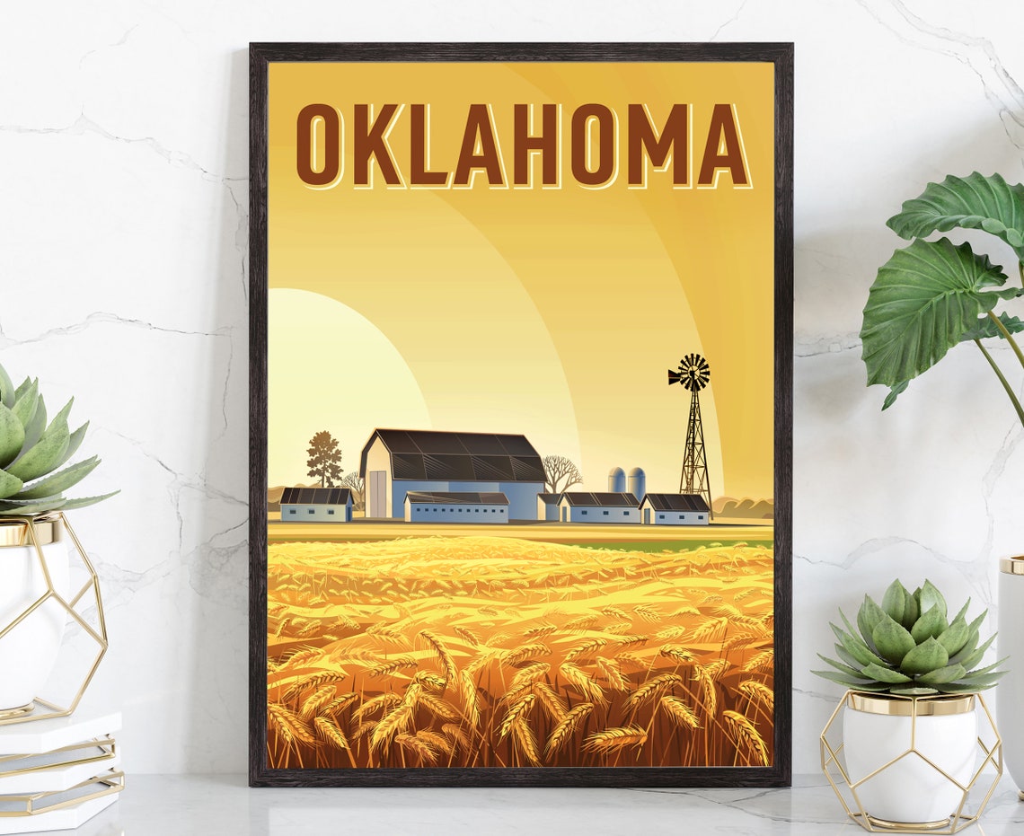 Oklahoma Golden Wheat Field Barn Windmill Vintage Travel Poster Print